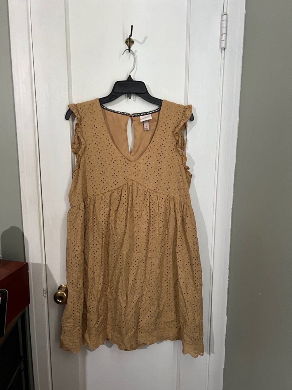Knox Rose Tan Eyelet V-Neck Dress with Embroidered Trim